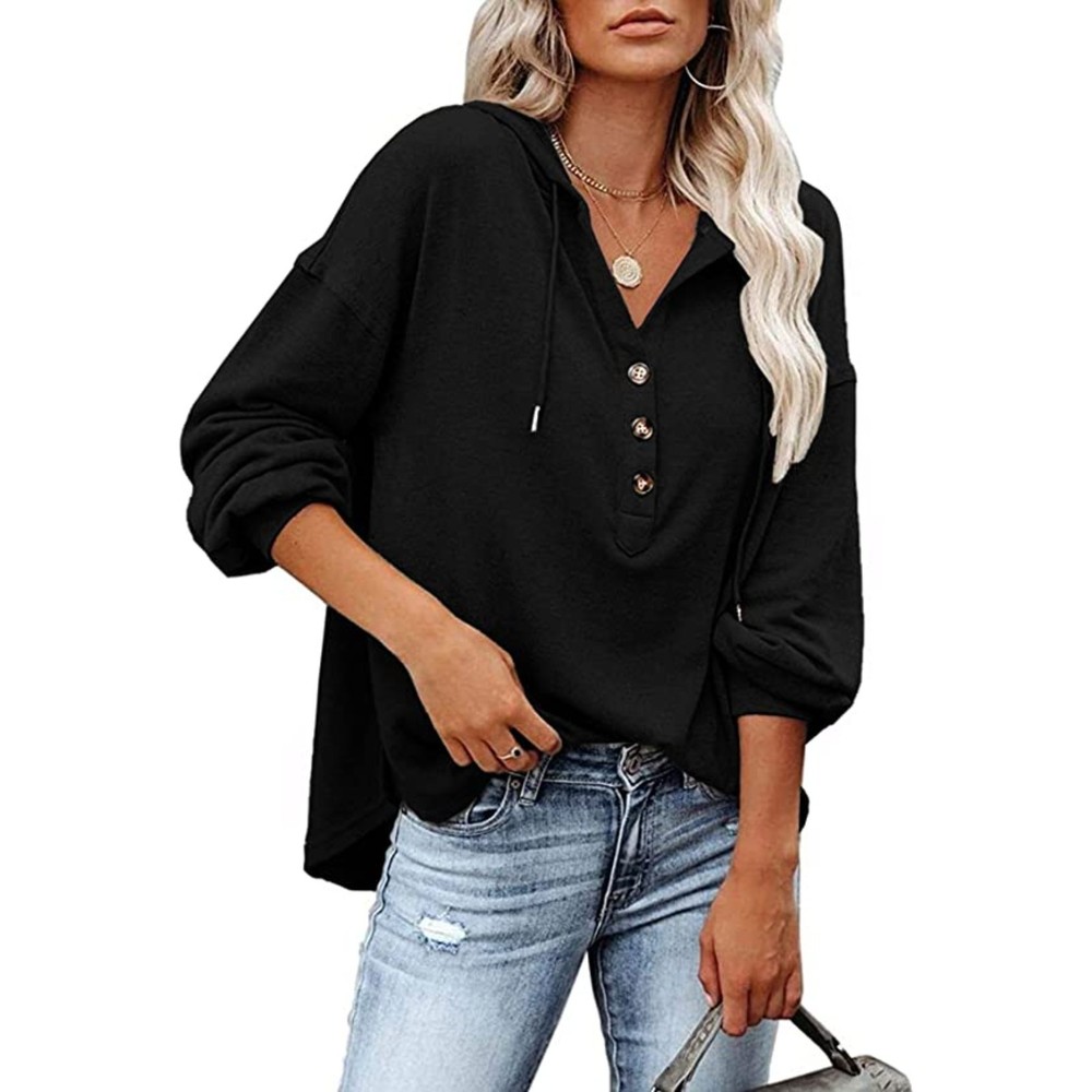 LuckyMore Hoodie Casual V Neck Long Sleeve Henley Oversized Top Womens L Black